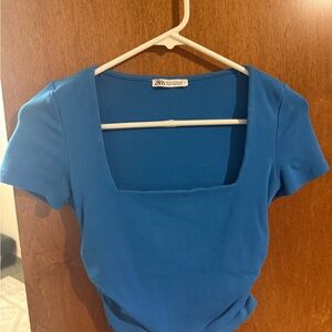 ZARA Bright Blue Square Neck Short Sleeve Top